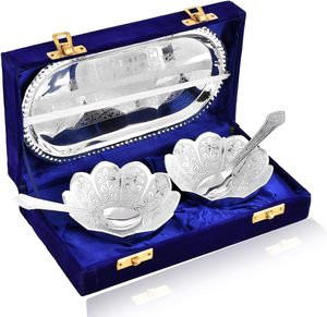 KAKA ENTERPRISES Silver Plated Brass Bowl Set 2 Spoons | Modern Handmade Lightweight German Design Royal Velvet Gift <b>Box</b> - Product Image 1