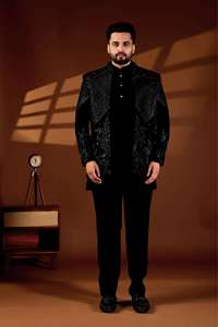 Elegante traje bandhgala jodhpuri negro para hombre con bordado de cuentas, trabajo con hilo de seda y estilo étnico formal. - Product Image 1