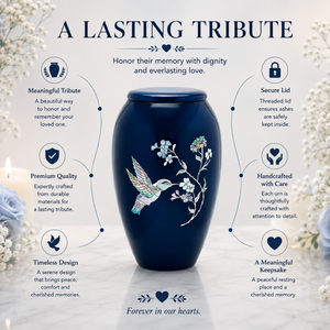 Navy Blue Hummingbird Cremation Urn for Human Ashes | Floral <b>Memorial</b> <b>Keepsake</b> | Adult Funeral Burial Vessel | Elegant - Product Image 5