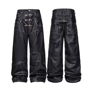 Pantalones Anchos Góticos para Hombre, Cintura Alta, Recubiertos de PU, Múltiples Bolsillos, Negros, Estilo Invernal, Resistentes - Product Image 2
