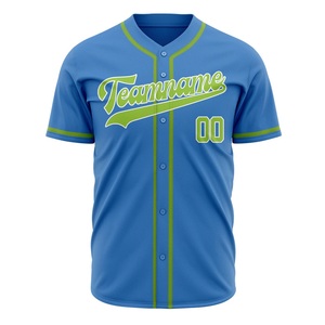 Maillot de baseball personnalisé pour homme, bleu avec bordure verte, manches courtes, col en V, tissu respirant, vêtements de sport d'équipe avec impression de numéro et de nom - Product Image 4