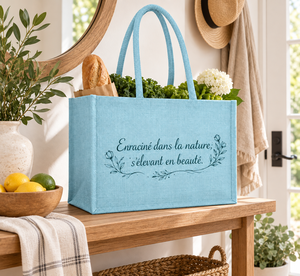 Sac fourre-tout en jute laminé bleu 39x31x19cm, poignées en coton personnalisées, vente en gros, OEM, marque privée SNC25DP, vente en vrac - Product Image 4