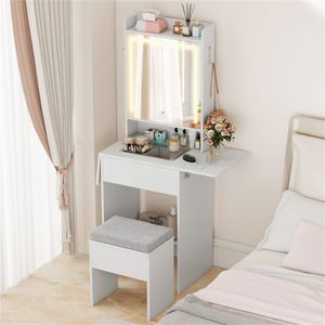 "White Glass <b>Makeup</b> Vanity with LED Lighted <b>Mirror</b> 2 Drop Leaf Extension & Built-in Charging Station" - Product Image 5