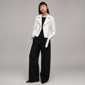 Veste de motard en similicuir blanc pour femme – Veste moto ajustée avec ceinture - Product Image 1