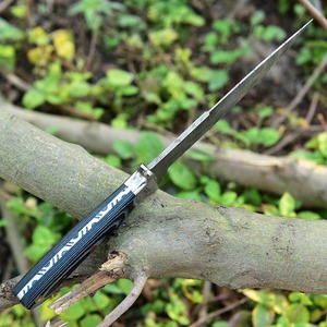 Cuchillo de caza de hoja fija de acero de Damasco personalizado, punta de cuchillo tipo Drop Point, mango de madera, borde biselado, 0.6mm de grosor, hecho a mano. - Product Image 4