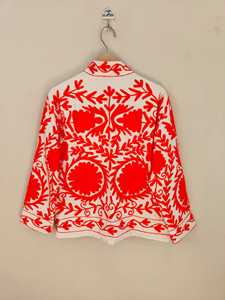 White Cotton Quilted Jacket with Orange Hand Embroidered Suzani Design Floral Folk Art <b>Boho</b> Style Handmade Ethnic Breathable - Product Image 3