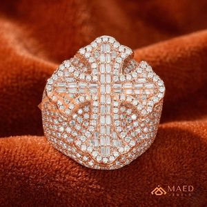 Luxury 18K Rose Gold <b>Men</b>’s Baguette Cross <b>Ring</b> | VVS Moissanite Full Gold Signet | High-End Hip Hop Jewellery | Diamond <b>Ring</b> - Product Image 1