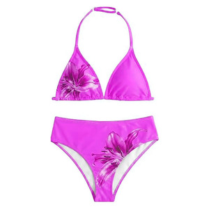 Conjunto de bikini de alta calidad con estampado floral morado, traje de baño triangular, ropa de playa, traje de baño de dos piezas para mujer, top corto fruncido. - Product Image 2