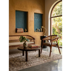 Mid-Century Modern Solid Acacia Wood Living Room <b>Set</b> | Handcrafted 2-Seater Rattan <b>Bench</b> & Round Coffee <b>Table</b> | japandi <b>table</b> - Product Image 1