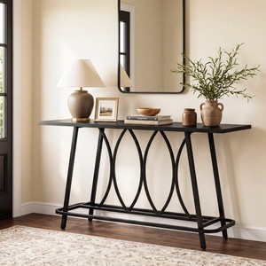 Table console moderne en métal avec base en tréteaux et design ovale pour l'entrée et le salon - Product Image 1
