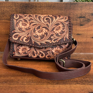 Hand-<b>Tooled</b> <b>Leather</b> Crossbody Bag for Women's Western Style Genuine <b>Leather</b> Brown Floral Clutch Handbag Designer Cowhide Purse - Product Image 3