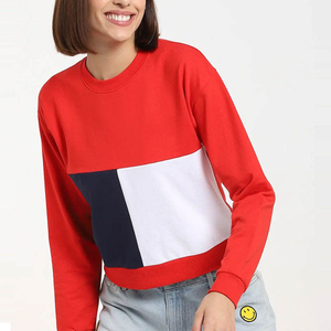 Sweat-shirt rouge à col rond pour femme, manches longues, tricoté en coton, color-block, décontracté, pour l'automne - Product Image 1