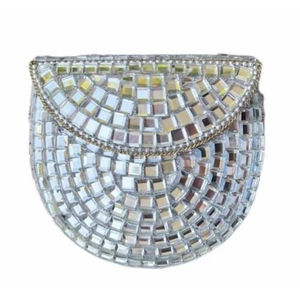 Silver <b>Mirror</b> Premium Work Clutch Bag with Square <b>Tile</b> Design and Chain Strap for Women Wedding and Party Wear - Product Image 1