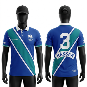 Polo deportivo premium de poliéster transpirable de 180 GSM para hombre, azul y verde, con diseño de paneles diagonales, estampado por sublimación, logotipo personalizado. - Product Image 1