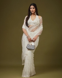 Sari en filet brodé Bollywood pour femme KV (Crème) - Viscose réversible et infroissable pour mariage - Product Image 3
