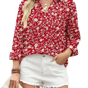Custom Women's Polyester Chiffon Red Floral Long Sleeve <b>Office</b> <b>Shirt</b> with Button Front and Feminine Print - Product Image 3