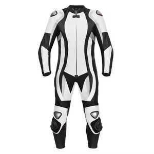 Nouvelle combinaison de course moto en cuir une pièce pour homme, avec protection CE, coupe-vent, imperméable, vêtements de sport moto, blanc et noir - Product Image 1