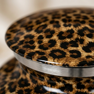 Leopard Print Cremation Urn Metal Memorial Vase Rounded Lid <b>Tabletop</b> Ash Cremation Urn for Home Display - Product Image 3