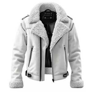 Men's <b>White</b> PU Leather Moto <b>Jacket</b> With Faux Fur Lining Zipper Closure Windproof Winter Wear Slim Fit Regular Length - Product Image 1