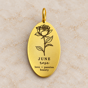 Pendentif ovale en acier inoxydable plaqué or rose avec zircon, motif fleur de naissance de juin, bijou personnalisable gravé, cadeau d'anniversaire, vente en gros - Product Image 1