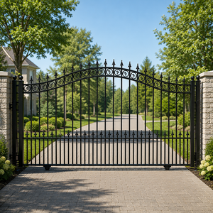 Decorative Black Wrought Iron Driveway <b>Gate</b> <b>Arched</b> Metal Entry <b>Gate</b> with Spear Finials Scrollwork for Villa Garden Home - Product Image 1