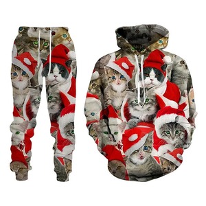 Ensemble sweat-shirt à capuche et pantalon de survêtement unisexe avec imprimé chat de Noël, ensemble 2 pièces, tenue décontractée d'hiver - Product Image 1