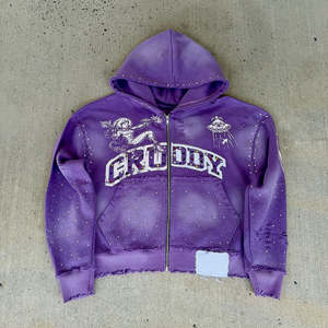 Sudadera con Capucha Vintage Lavada Personalizada de Fabricante, Sudadera Gruesa de Algodón para Hombre con Bordado Desgastado y Pedrería - Product Image 6