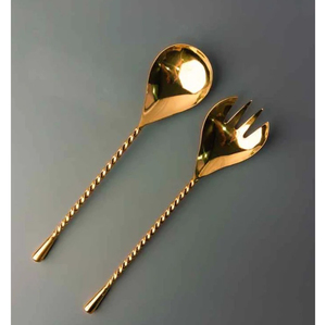 Ensemble unique de cuillères et fourchettes à salade en métal, acier inoxydable, lot de 2, manche torsadé perlé doré, ustensiles de service - Product Image 2