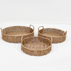 Handmade Rustic Eco Friendly Rattan Wicker Round Serving <b>Basket</b> <b>Tray</b> Set Nesting Handles - Product Image 2