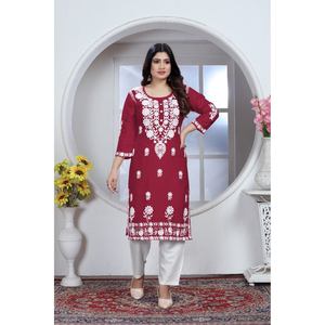 Women's Adult Designer Rayon Chikankari Embroidery Digital Printing Work <b>Kurti</b> in Pent Maroon - Product Image 1