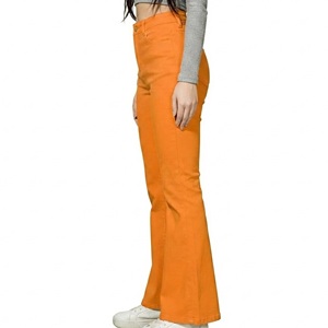 Pantalones de lona acampanados para mujer con cierre de botón metálico, pantalones palazzo de lona naranja brillante con cintura unificada para atuendo de influencer - Product Image 3