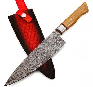 Couteau de chef utilitaire artisanal en acier Damas goutte de pluie, manche en bois, outil de découpe pour barbecue extérieur avec étui en cuir - Product Image 4