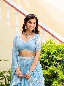 Lehenga Choli Azul de Georgette Sintética con Bordado de Lentejuelas Zari, Traje Tradicional para Bodas y Fiestas para Mujer - Product Image 3