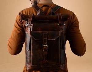 Genuine Leather Anti-Theft <b>Roll</b> Top <b>Backpack</b> Vintage <b>Backpack</b> Bag Unisex Waterproof Travel Day Pack Zipper LTBP-0243 - Product Image 5