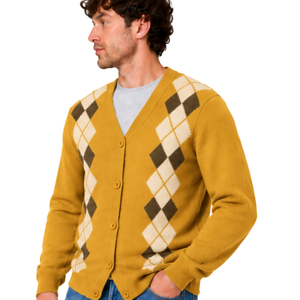 Cardigan en tricot pour homme jaune moutarde à col en V, motif losanges, boutons sur le devant, manches longues, classique, décontracté, tricot doux - Product Image 1