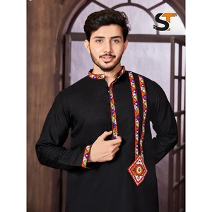 FANCY ALGODÓN BORDADO TRABAJO HOMBRE KURTA PIJAMA NEGRO - Product Image 4