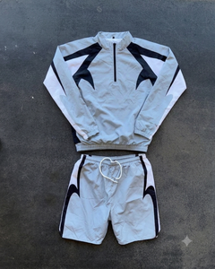 Ensemble de survêtement gris clair pour homme, veste à fermeture éclair courte et short, séchage rapide, polyester, style sportif, pour le printemps, taille adulte - Product Image 1