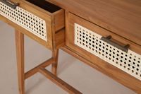 Table console moderne en teck massif et rotin avec 2 tiroirs, finition naturelle, assemblage complet pour salon, chambre et appartement