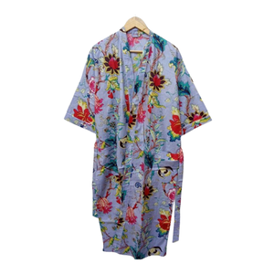 Bata Kimono de Algodón Gris con Estampado Floral, Larga, Ligera, Hecha a Mano, para Descanso, Baño y Spa de Verano - Product Image 1
