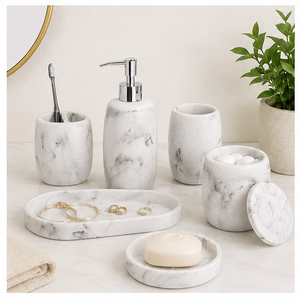 Ensemble d'accessoires de salle de bain de luxe en résine aspect marbre blanc, 6 pièces, décoration de salle de bain d'hôtel, y compris distributeur de savon, porte-brosse à dents - Product Image 3