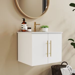 Mobile bagno sospeso da 24 pollici con doppio lavabo in ceramica, ante con cerniere a chiusura ammortizzata, montaggio facilitato, finitura oro metallico - Product Image 2