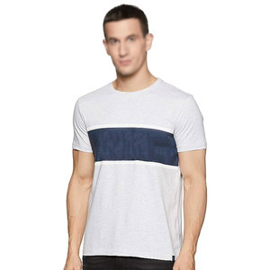 T-shirt à manches courtes pour homme, col rond, coupe classique, en coton tricoté, design à rayures blanches et bleues - Product Image 1