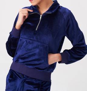 <b>Women's</b> Blue Velour Tracksuit <b>Half</b> <b>Zip</b> Hooded <b>Sweatshirt</b> and Wide Leg Pants Set for Autumn Winter - Product Image 5