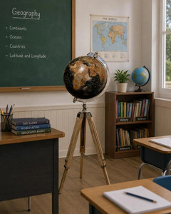 Globo Terráqueo Negro Vintage sobre Soporte de Metal y Madera, Mapa Decorativo Giratorio de Estilo Industrial - Product Image 3