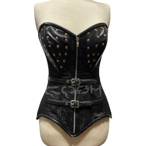 Corset noir en brocart pour femme avec bonnets en cuir véritable cloutés, fermeture éclair sur le devant et bretelles à double boucle - Product Image 1