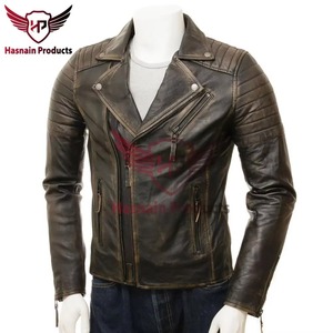 Veste en cuir véritable marron pour homme, coupe ajustée, style motard, asymétrique, avec fermeture éclair croisée, en cuir de vachette, épaules rembourrées, vintage, personnalisée - Product Image 2