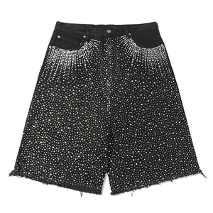 Shorts en jean vintage pour homme avec strass et croix, 100 % coton, style streetwear, pour l'été et les tenues décontractées - Product Image 1