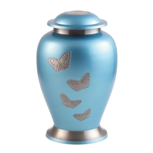 Urne funéraire en aluminium bleu clair avec papillons flottants – Grande urne commémorative en métal artisanale avec accents en étain - Product Image 1
