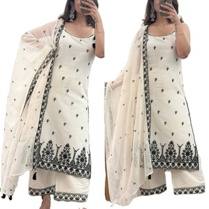 ETHENIC WORLD FASHION NOUVEAU KURTA PALAZZO BLANC ET NOIR À MOTIFS GÉLIFÉS AVEC DUPATTA POUR TENUE CASUELLE ET FÊTES DE BUREAU - Product Image 1