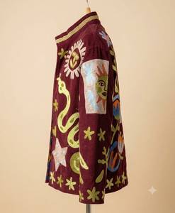 Chaqueta de pana bordada para mujer, manga larga, cuello vuelto, estilo vacaciones de verano, diseño de patchwork con bordado a mano - Product Image 3